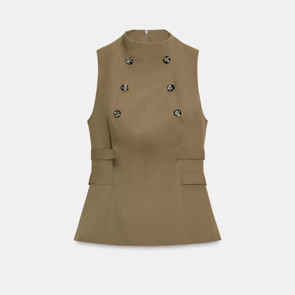 Zara NWT Structured Sleeveless Military Button Top High Neck Sleeveless Sz XS